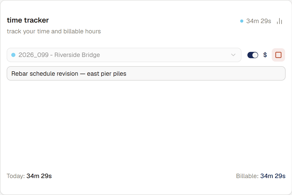 Time tracker with a running timer against a project